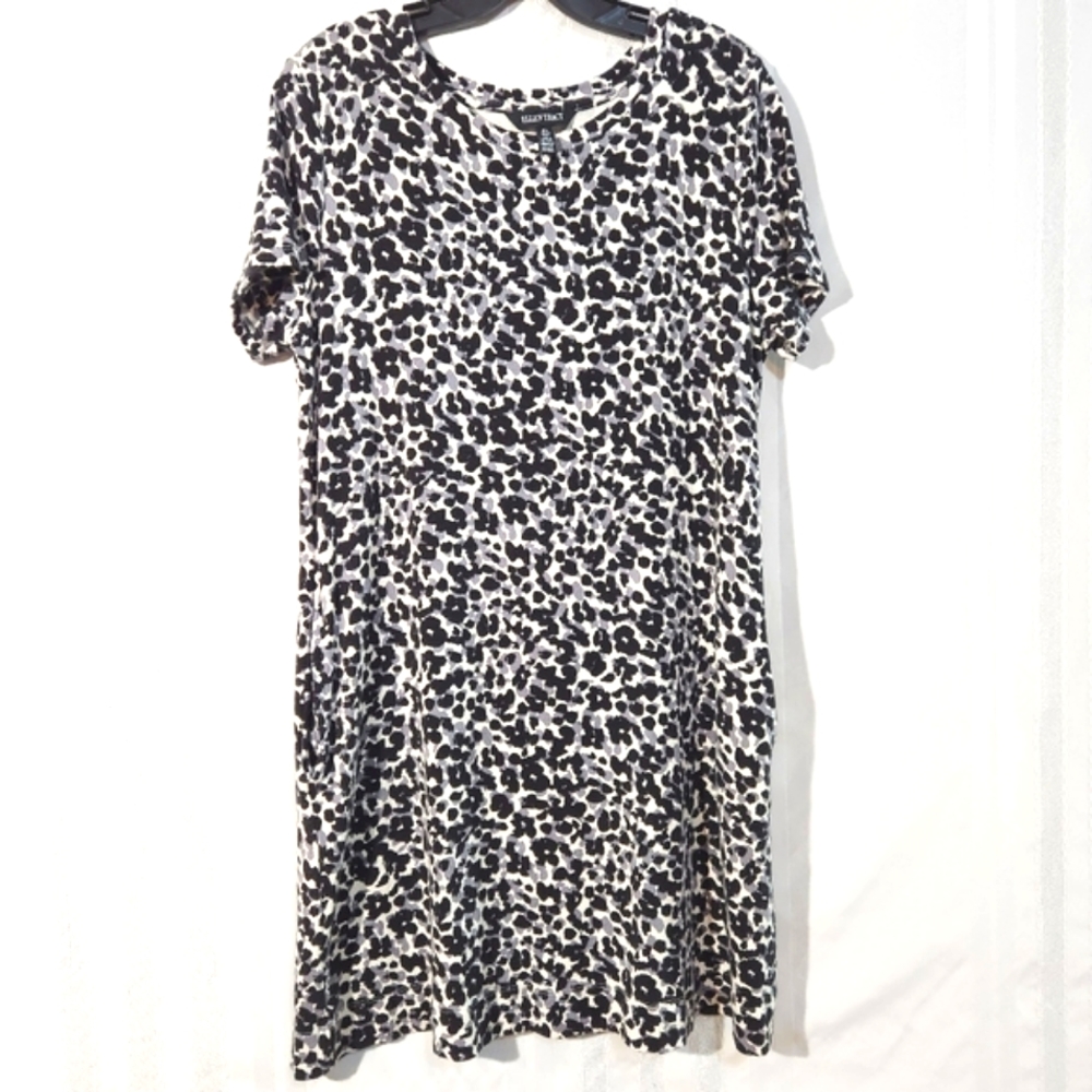 ELLEN TRACY SHIRT DRESS WOMEN'S BLACK CHEETAH PRINT ROUND NECK STRETCH LARGE
